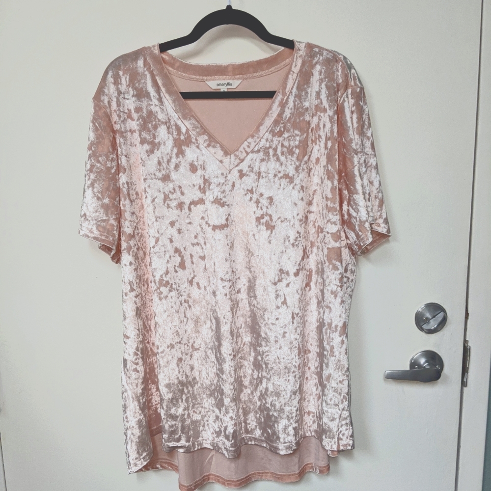 Amaryllis Baby Pink Crushed Velvet Vneck Top 2X